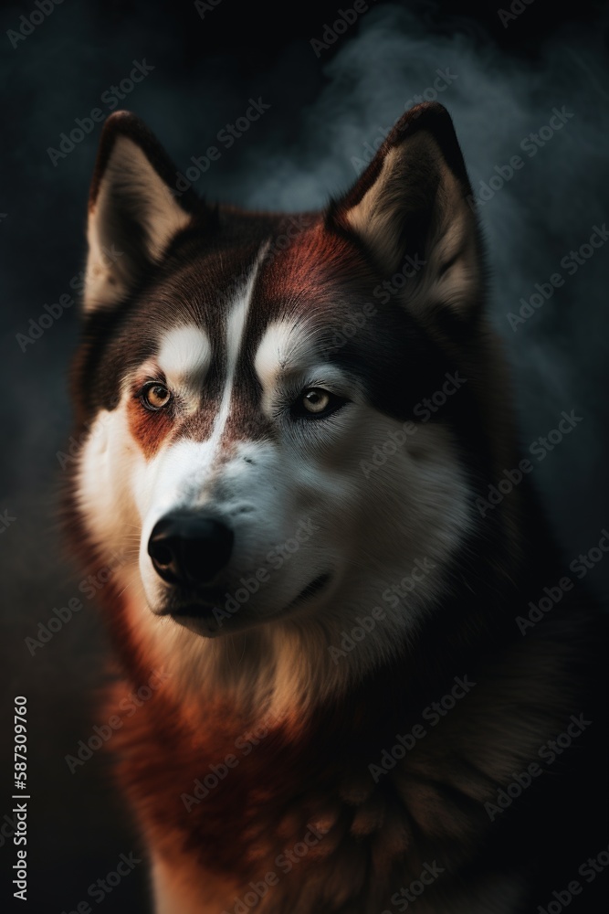Portrait of a siberian husky dog in smoke.Generative Ai Portrait of a siberian husky dog in smoke.Generative Ai