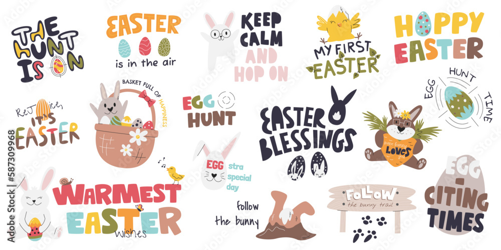 Easter cute phrases with bunnies and eggs. Handwritten lettering collection for spring seasonal religious holiday. Festive quotes set with animals. Hand drawn flat vector illustration isolated Easter cute phrases with bunnies and eggs. Handwritten lettering collection for spring seasonal religious holiday. Festive quotes set with animals. Hand drawn flat vector illustration isolated