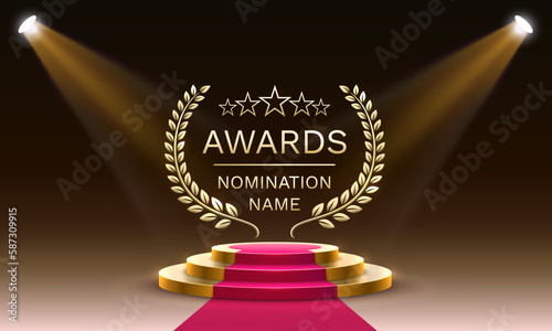 Awards nomination name podium, golden prize event, scene star ceremony. Vector illustration