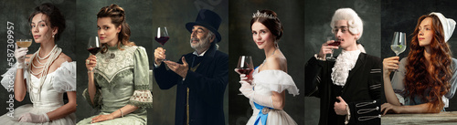 Set of portraits of different men and women, royal persons drinking wine against dark vintage background. Concept of comparison of eras, modernity and renaissance, baroque style. Creative collage. photo
