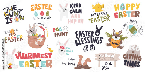 Easter cute phrases with bunnies and eggs. Handwritten lettering collection for spring seasonal religious holiday. Festive quotes set with animals. Hand drawn flat vector illustration isolated