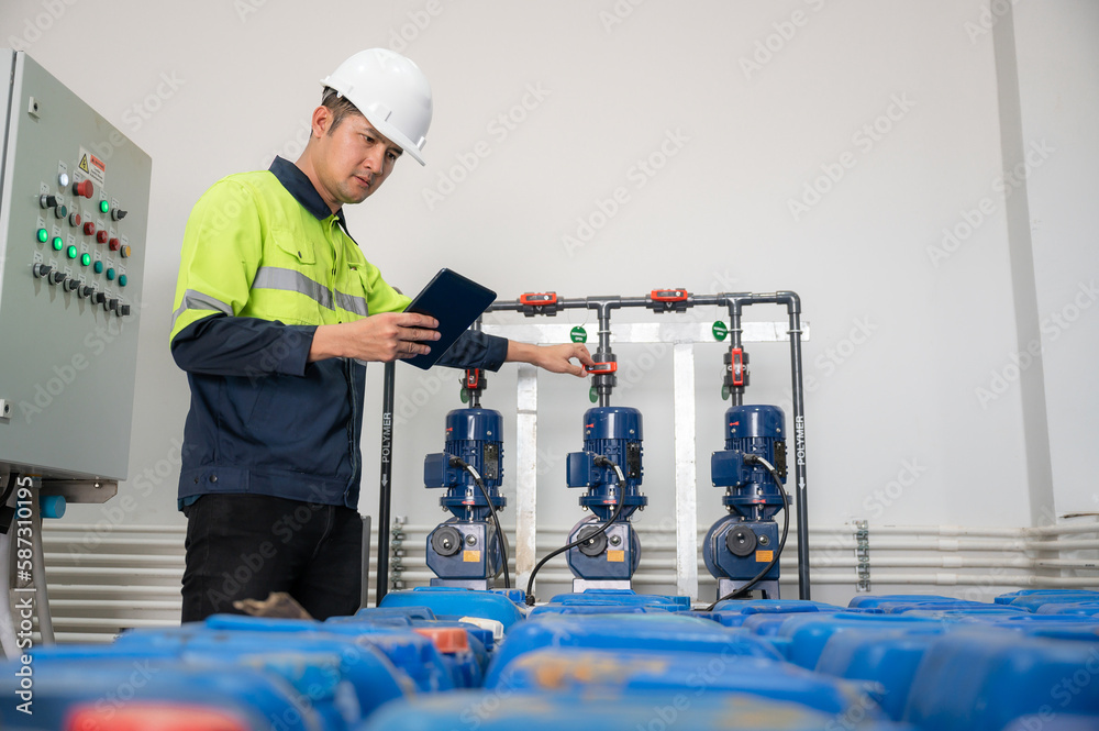 1 male industrial engineer controlling chemical systems and inspecting water systems in