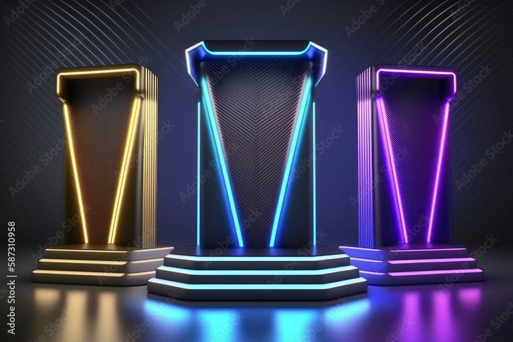 Pedestal illuminated with neon lights. Generative AI Pedestal illuminated with neon lights. Generative AI