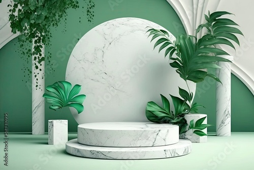Marble pedestal with plants and organic tones. Generative AI