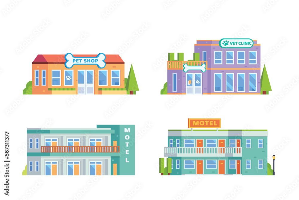 Vector element of motel building and pet shop building flat design style for city illustration
