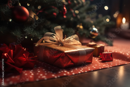 Decorated gift box under Christmas tree indoors in evening. Happy New Year and Merry Christmas holiday concept. Generative AI