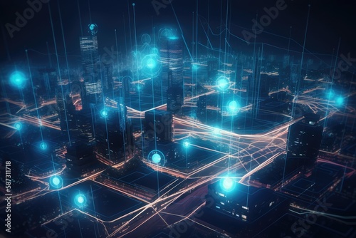 a network of objects modern grid. abstracting a concept. 5G engineering. Smart City is a contemporary city and communications system. Concept of a network connection and a blue toned cityscape © AkuAku