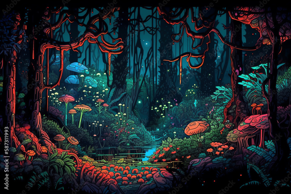 A surreal forest with bioluminescent plants. digital art illustration. generative AI