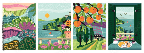 Summer and spring posters. Hills and shores at sunny day. Urban and rural area. Beautiful natural landscape of European village. Cartoon flat vector illustrations isolated on white background