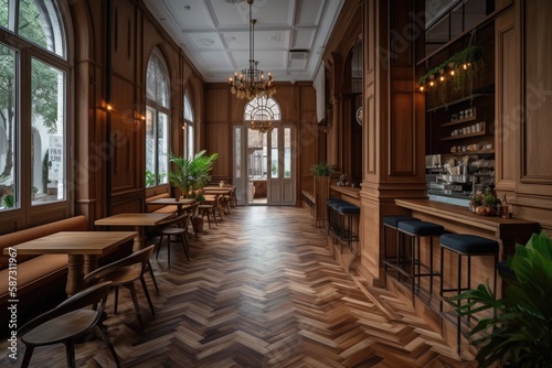 Cafe interior with parquet floor in Hanoi, Vietnam, on June 13, 2019. Generative AI