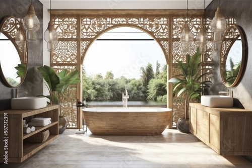 Balinese bathroom mockup near panoramic window. illustration. Scandinavian bathroom. Generative AI