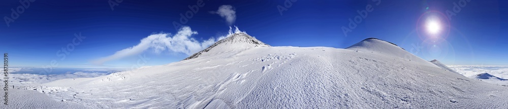 Panorama of the snowy plateau with the active volcano Etna