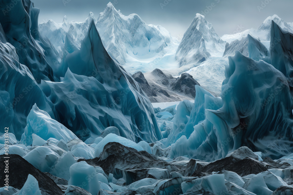 A towering glacier with a bright blue hue. digital art illustration. generative AI