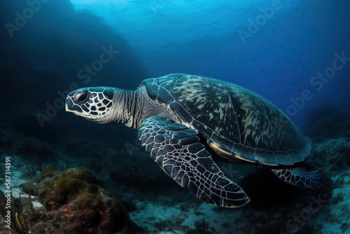 image of a hawksbill turtle swimming under the sea. underwater animals. illustration, generative AI. © yod67