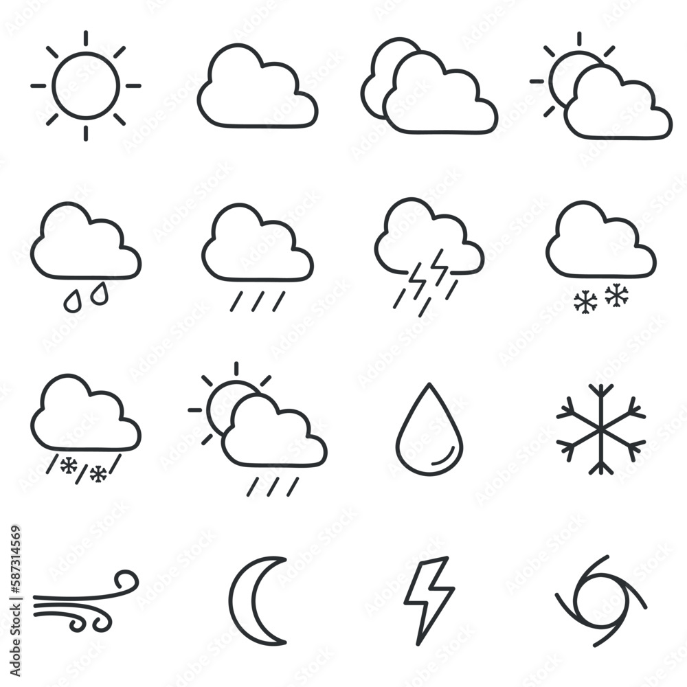 set of line weather icons, linear weather symbols isolated on white background