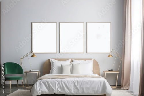 Blank minimal White Bedroom Interior with Mockup Frame for Advertising and Decoration