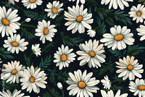 bunch of white daisies on a black background. Generative AI