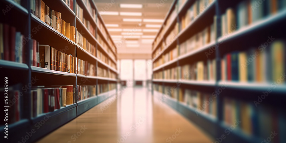 Blurred public library interior space. Learning and education concept background. generative ai. Defocused bookshelves with books - vintage tone