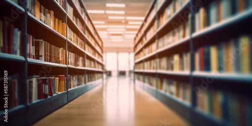 Blurred public library interior space. Learning and education concept background. generative ai. Defocused bookshelves with books - vintage tone