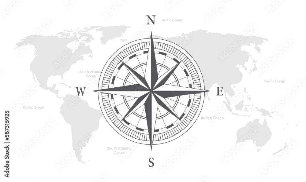 Nautical Compass. World map background. Global travel, tourism, exploration concept. Vector stock - obrazy, fototapety, plakaty 