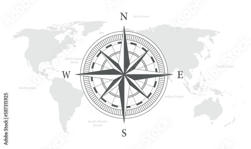 Nautical Compass. World map background. Global travel, tourism, exploration concept. Vector stock