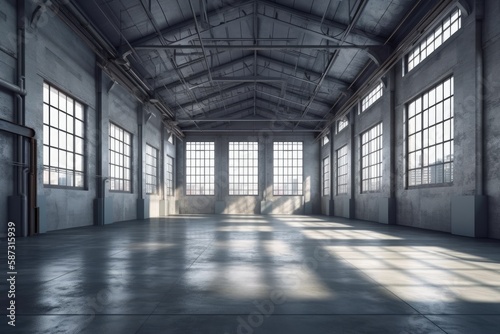 empty warehouse with natural lighting and concrete flooring. Generative AI