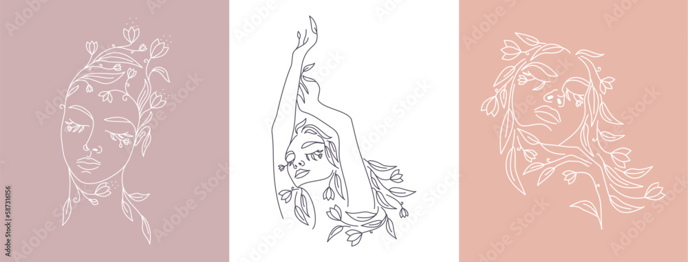 Logo Woman face with flowers. Woman vector lineart illustration. Elegant Feminine Beauty Logo. Woman Line Art Minimalist Logo. Botanical print. Logo Woman face with flowers. Woman vector lineart illustration. Elegant Feminine Beauty Logo. Woman Line Art Minimalist Logo. Botanical print.