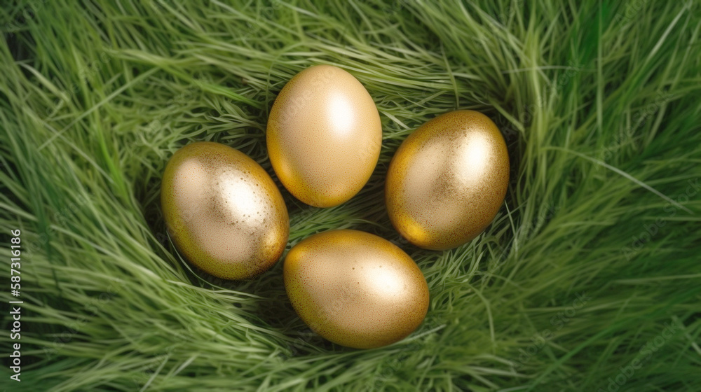 Gold and nacre glittery textured Easter egg in the middle of the grass. Easter chocolats in the garden. Top view. Gold and nacre glittery textured Easter egg in the middle of the grass. Easter chocolats in the garden. Top view.