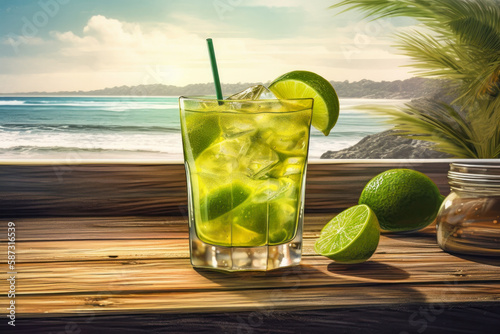 Brazilian Caipirinha cocktail on a wooden table with a stunning beach and sea view, creating a perfect tropical paradise scene. Generative AI photo