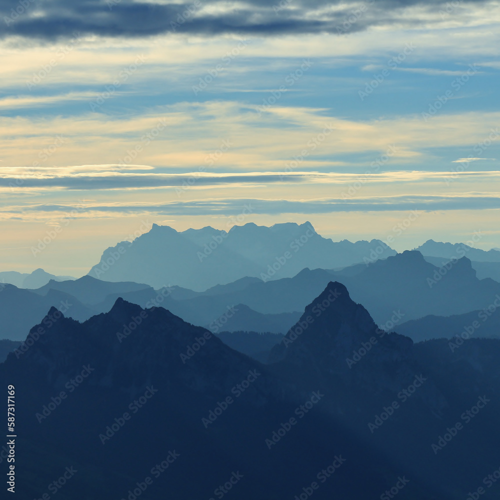 Mount Grosser Mythen and ther mountains seen from Rigi Kulm, Switzerland.