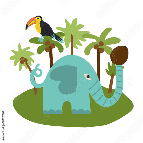 Cute tropical island life scene with an Elephant cobb holding in a trunk a coconut and a toucan on a palm tree.