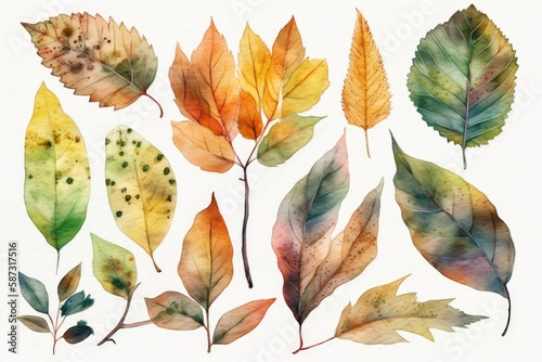 colorful autumn leaves on a white background. Generative AI