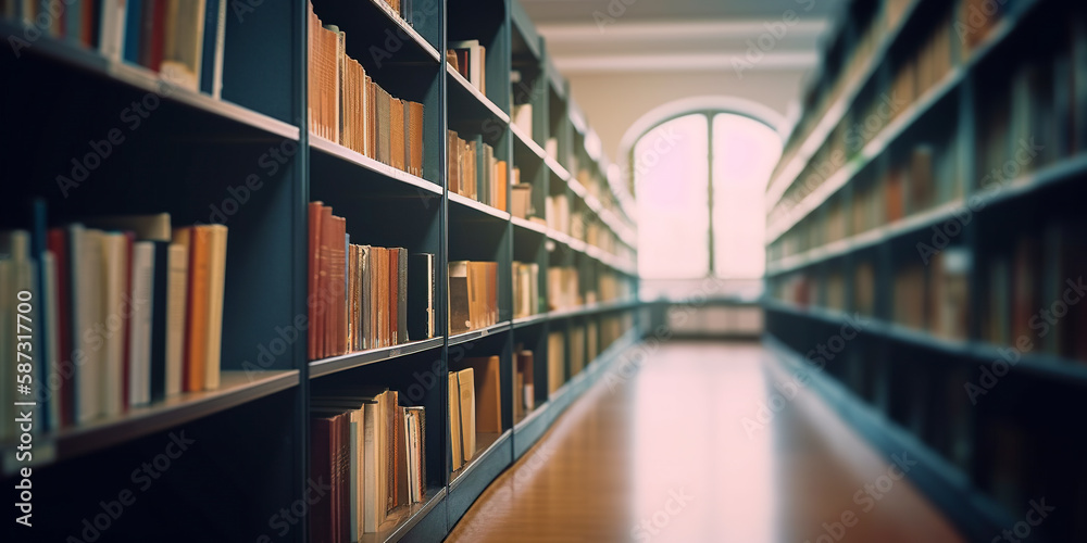 Blurred public library interior space. Learning and education concept background. Defocused bookshelves with books - vintage tone Blurred public library interior space. Learning and education concept background. Defocused bookshelves with books - vintage tone