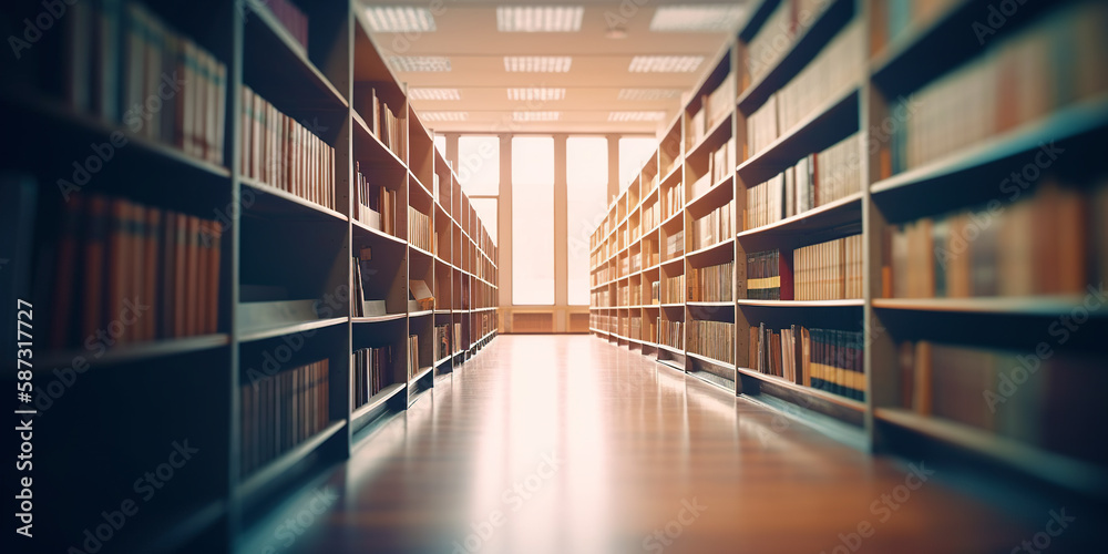 Blurred public library interior space. Learning and education concept background. Defocused bookshelves with books - vintage tone