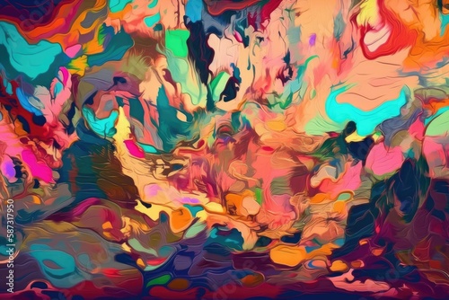 vibrant and dynamic abstract painting filled with colorful shapes and forms. Generative AI