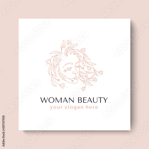 Logo Woman face with flowers. Woman vector lineart illustration. Elegant Feminine Beauty Logo. Woman Line Art Minimalist Logo. Botanical print.