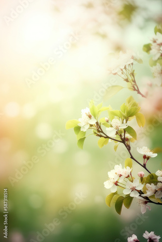 Spring background. Blooming apple tree. Vertical background. AI generative.