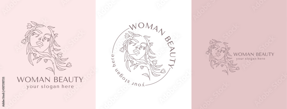 Logo Woman face with flowers. Woman vector lineart illustration. Elegant Feminine Beauty Logo. Woman Line Art Minimalist Logo. Botanical print.