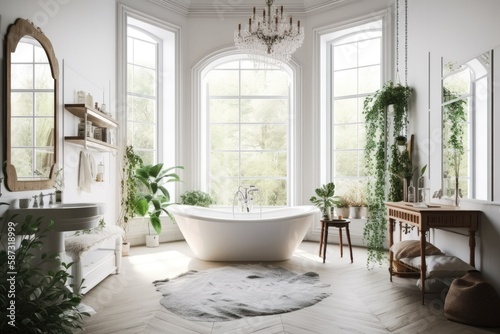 White classic freestanding bathtub, huge windows, contemporary fireplace, and green houseplants in light scandinavian bathroom. Idea of home décor in modern flat. Generative AI © AkuAku