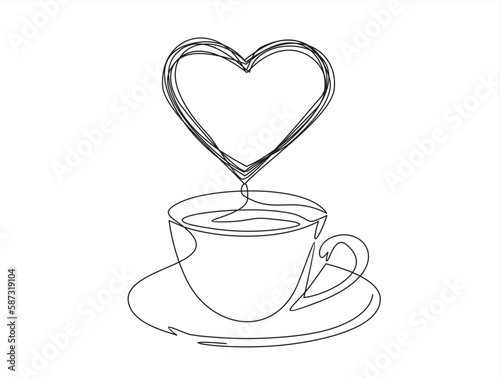 One continuous single line of hand drawn with cup of coffee decorated with heart symbol isolated on white background.