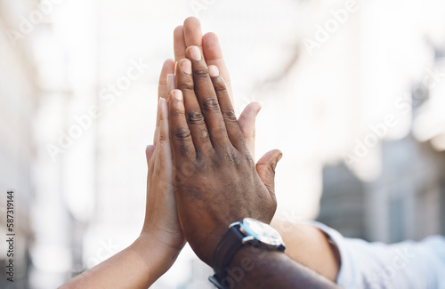 High five, hands and success in collaboration teamwork, global company startup and business people diversity. Winner zoom, support or team building motivation with partnership sale in b2b growth deal