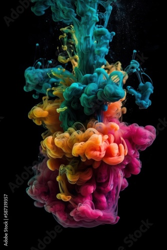 colourful smoke/under water paint/underwater ink in black and white with selected 3D colorisation, against a contrasting dark black background and studio lighting HD. Generative AI Illustration