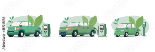 Set of Eco friendly sustainable, Electric pickup charging station, Clean green energy from renewable sources concept. Vector design illustration.