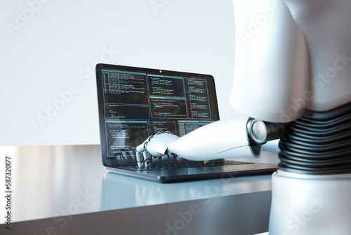 Futuristic concept of humanoid robot writing code on the laptop keyboard.