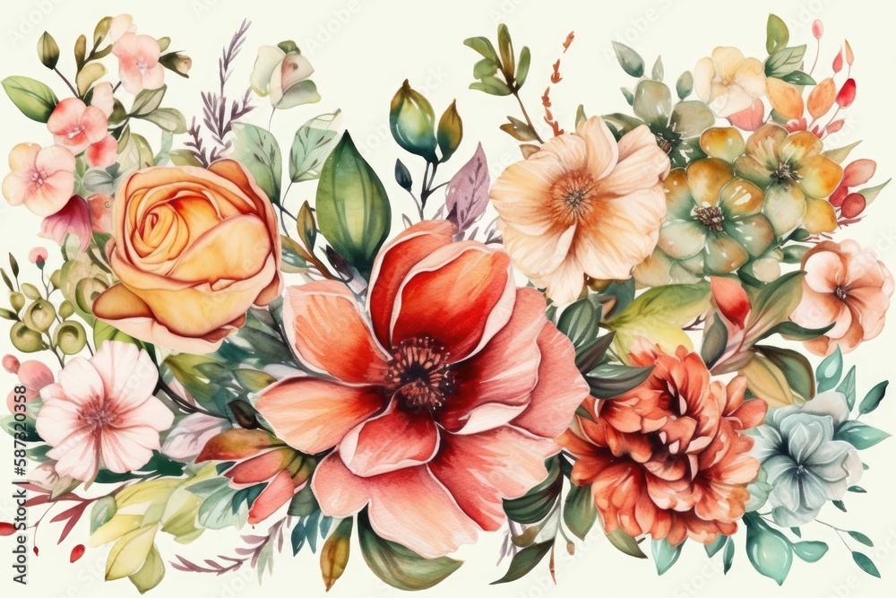 watercolor flowers on a white background. Generative AI watercolor flowers on a white background. Generative AI