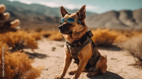 A Dog With Sunglasses Exploring a National Park. Generative AI