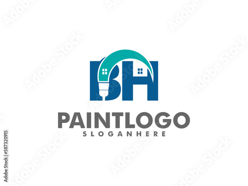 Initial letter BH logo with Paint Brush and House Vector Logo Illustration, House painting service, decoration and repair color icon,	
