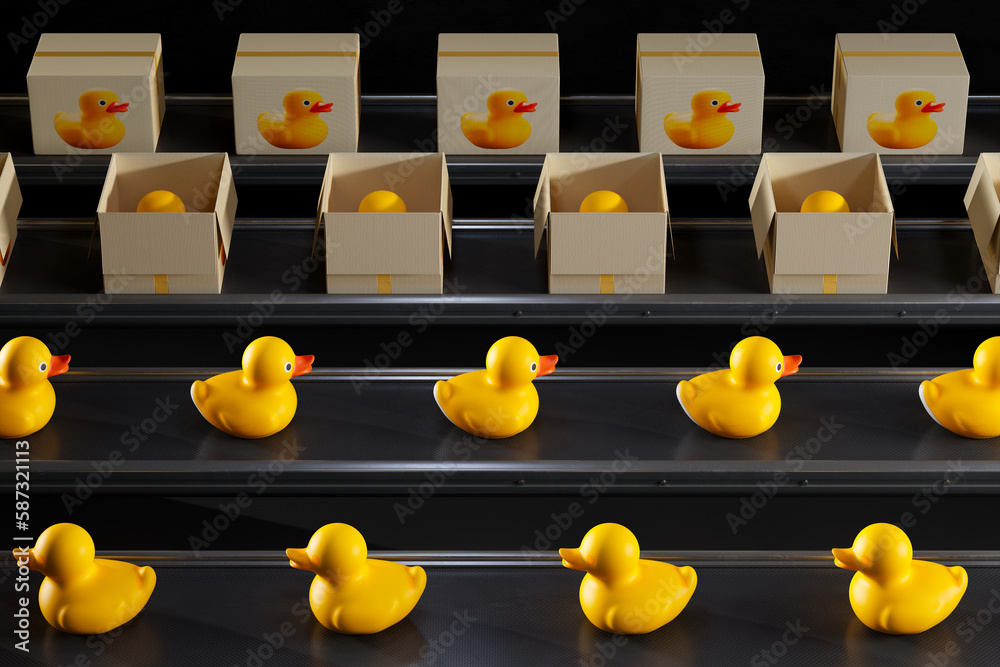 Yellow rubber ducks factory. Many toys on a production line. Looping animation.