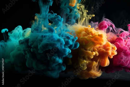 colourful smoke/under water paint/underwater ink in black and white with selected 3D colorisation, against a contrasting dark black background and studio lighting HD. Generative AI Illustration