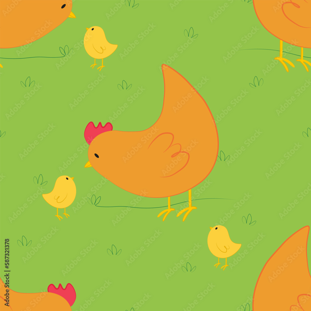 Vector seamless pattern with chickens and chicks characters in cartoon style on green grass. Vector seamless background with farm poultries Vector seamless pattern with chickens and chicks characters in cartoon style on green grass. Vector seamless background with farm poultries